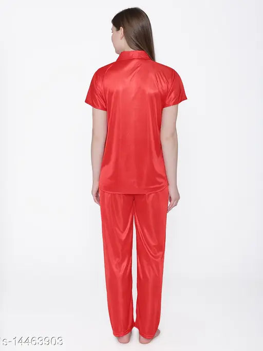 Satin women's nightsuit, free size, solid-patterned for lounging or gifting, India origin