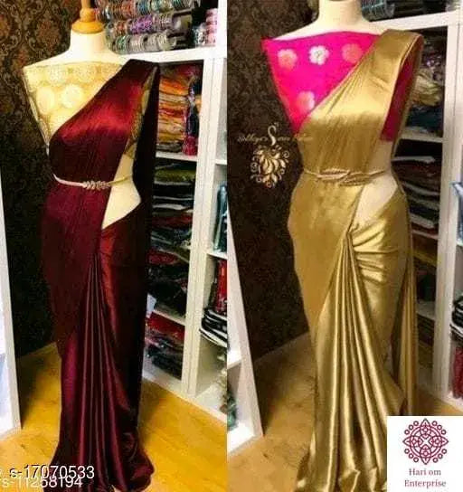Satin silk saree & jacquard blouse combo, solid pattern with zari woven net, Indian traditional wear