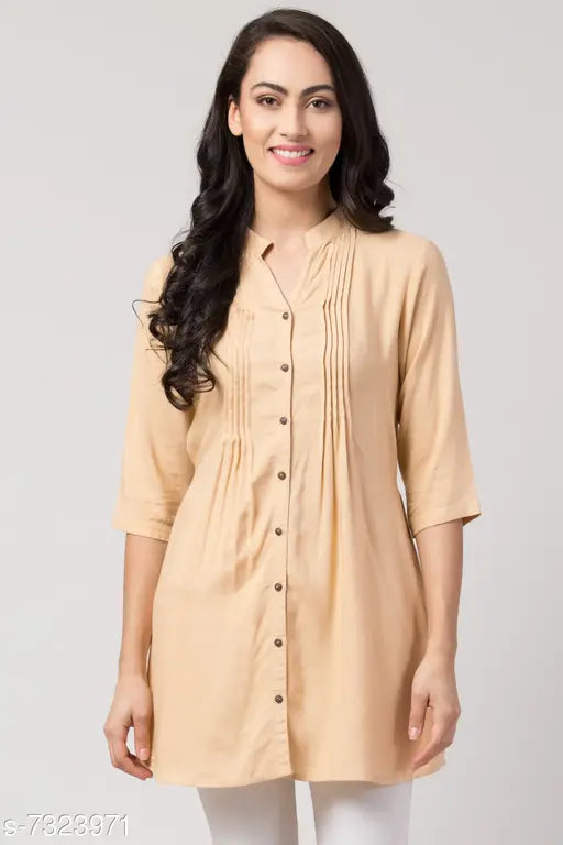 Beige rayon women's top, three-quarter sleeves, solid design, made in India