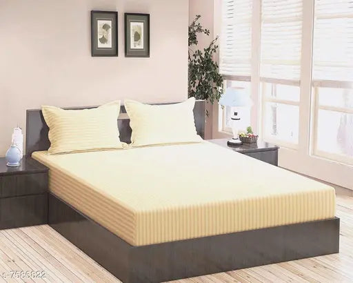 Ivory striped cotton bedsheet (100x108), 300TC with matching pillow covers, pure cotton from Jinayas (India)