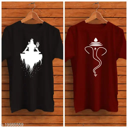 Black cotton Shiv ji and maroon Ganesh ji printed half round neck tees for men, India-made" (106 characters)