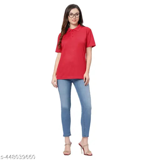 Red cotton women's polo t-shirt with short sleeves, loose fit for casual wear