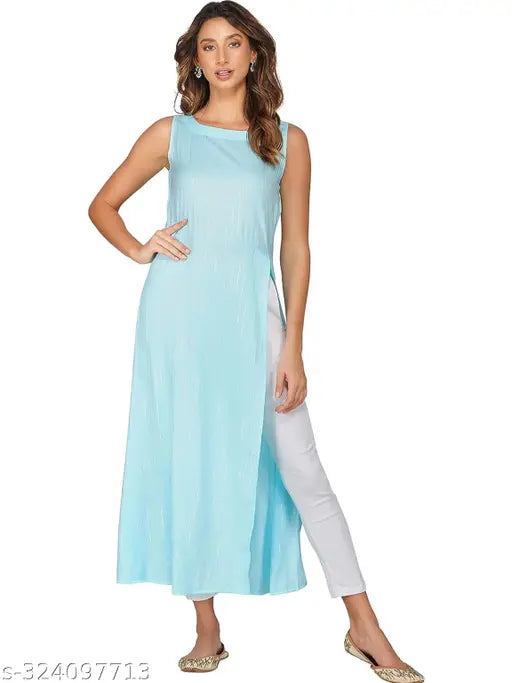 Linen-cotton lurex sleeveless kurta with side slit, vibrant Jaipuri design for women's ethnic wear, machine or hand washable