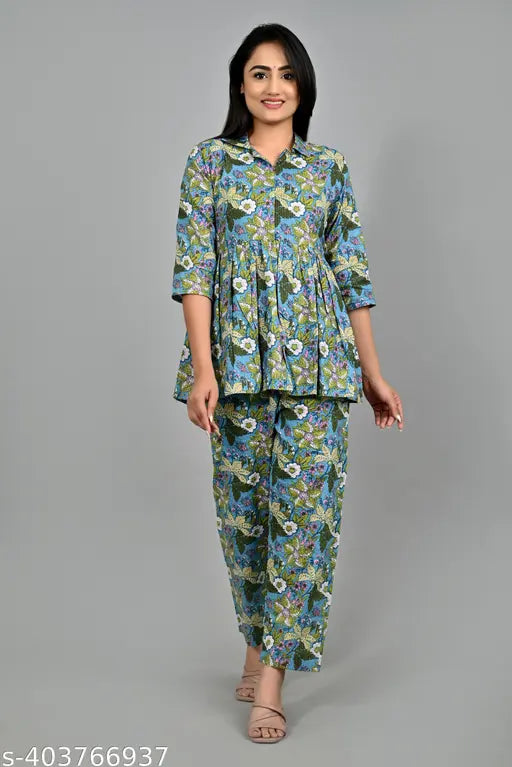 Multi-colored premium cotton printed elegant top & pant co-ord set, three-quarter sleeves, trendy pocket, India origin