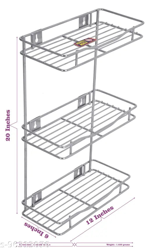 Stainless steel spice rack with three tiers and multiple shelves, suitable for kitchen or bathroom