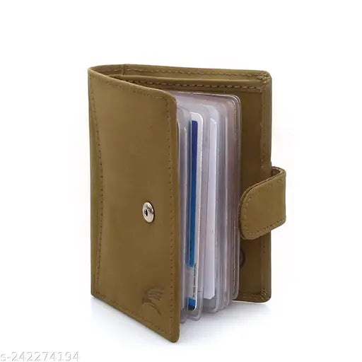 Brown genuine leather RFID-blocking card holder for men (15 slots, 10cm x 8cm), featuring unique natural grain and elegant design