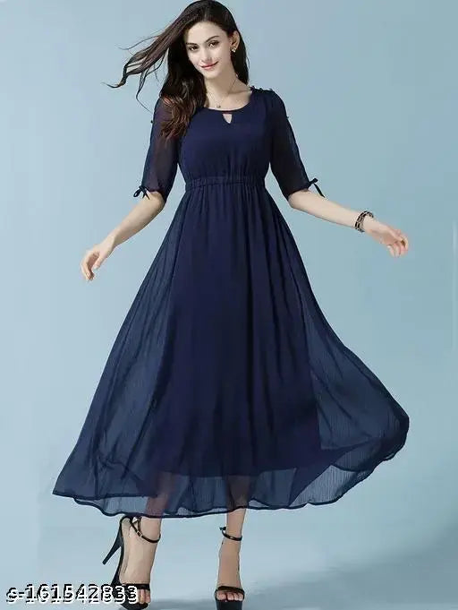 Trendy women's georgette western dress with three-quarter sleeves, solid net, various sizes available from S to XXL (Indian made)