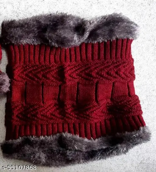 Knitted wool neck muffler with soft cozy fur, Indian self-design in free size