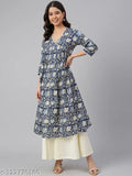 Navy blue cotton floral print flared Kurta, Indian calf-length kurta with three-quarter sleeves and multicolor kalamkari print