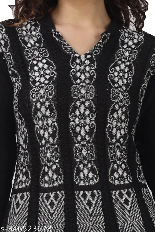 Black woolen women's long sleeve tunic with embroidered details