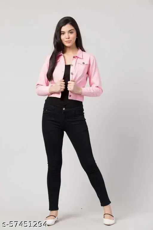 Pink Solid Denim Jacket, full sleeve, long sleeves for women and girls, pack of 1 (SMLXL)