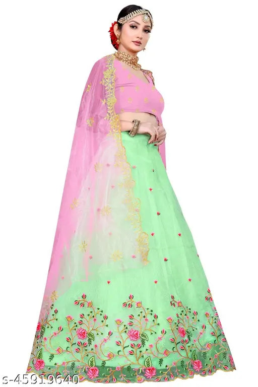 Silk and net embroidered lehenga, semi-stitched with cut work border (waist 44in, length 43in), pair with net dupatta, Indian bridal wear