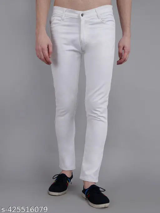 White slim fit jeans with side pockets, worn by a model
