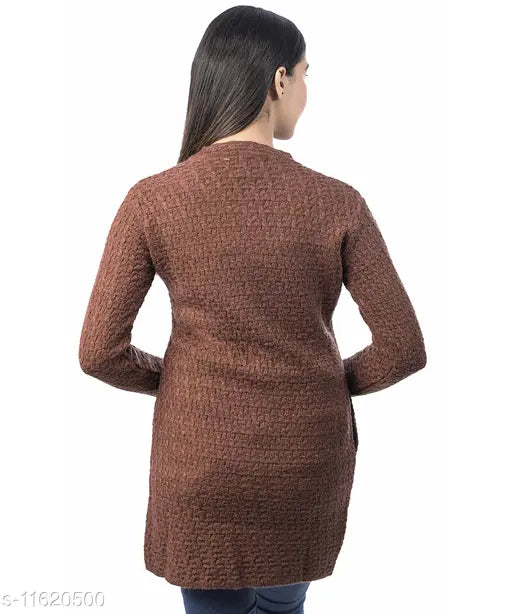 Acrylic Ogarti women's long cardigan, self-design knitted pattern for stylish winter wear
