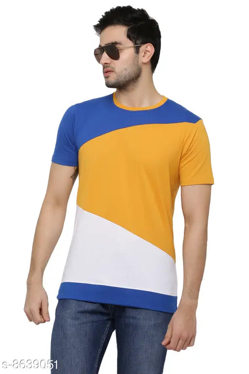 Multi-color cotton blend half t-shirt, short sleeves with color-blocked pattern. Bright and fun clothing item on display