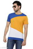 Multi-color cotton blend half t-shirt, short sleeves with color-blocked pattern. Bright and fun clothing item on display