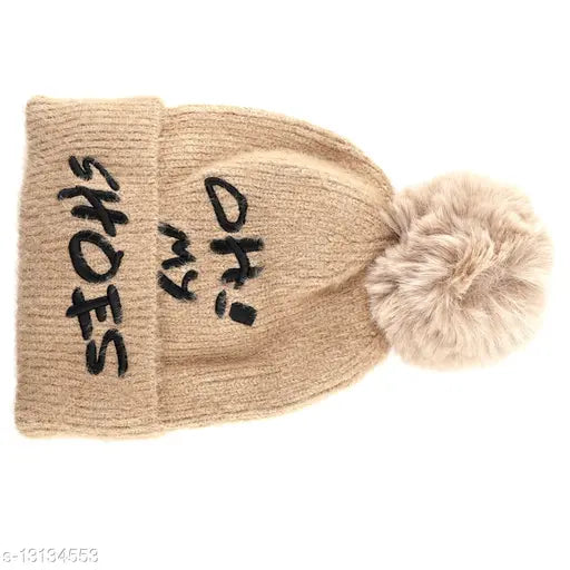 Angora winter knitted beanie cap with 'Oh my shoes!' message, black pompom