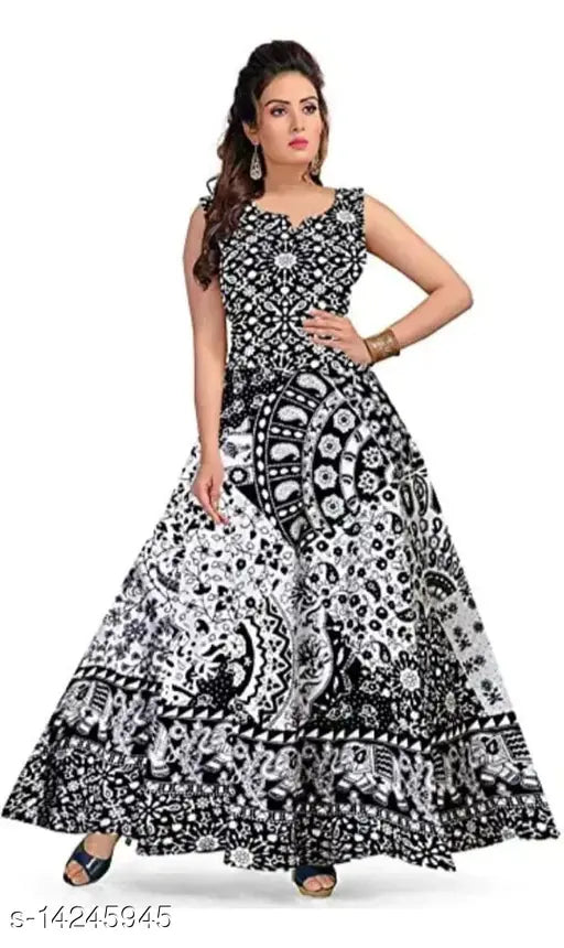Black & White Printed Cotton Midi Maxi Dress (M, L, XL, XXL, Free Size) - Jaipuri Floral Design, Indian Origin