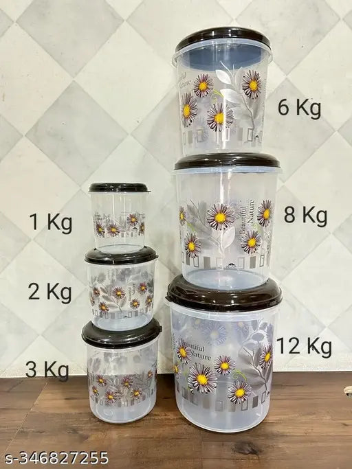 Veksin 6-piece plastic container set with a floral design, various weights indicated - 12kg, 8kg, 6kg, 3kg, 2kg, 1kg for grocery use