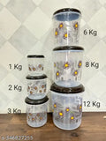 Veksin 6-piece plastic container set with a floral design, various weights indicated - 12kg, 8kg, 6kg, 3kg, 2kg, 1kg for grocery use