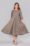 Pink and black printed cotton anarkali kurta with round neckline
