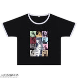 Black cotton Maxall Taylor Swift crop top for girls/women, printed pattern on short sleeves, XS (bust size: 34 in)