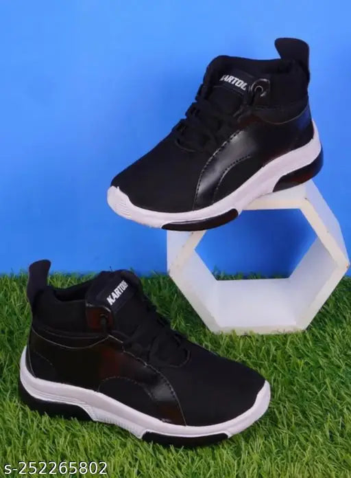 Black athletic shoe with white sole and lace-up design