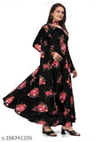 Black georgette printed women's gown with inner crepe and dupatta, adjustable belt