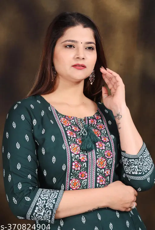 Rayon floral printed anarkali kurta, long sleeves, black trim