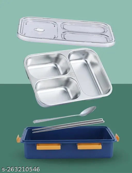 Multiple compartment stainless steel lunch box, ideal for kids and adults alike. Features a main container with three separate sections, designed to keep food fresh and organized. Insulated lid included to maintain temperature of meals. Suitable for school lunches, office meals, or any other on-the-go dining needs. Perfect for boys and girls alike