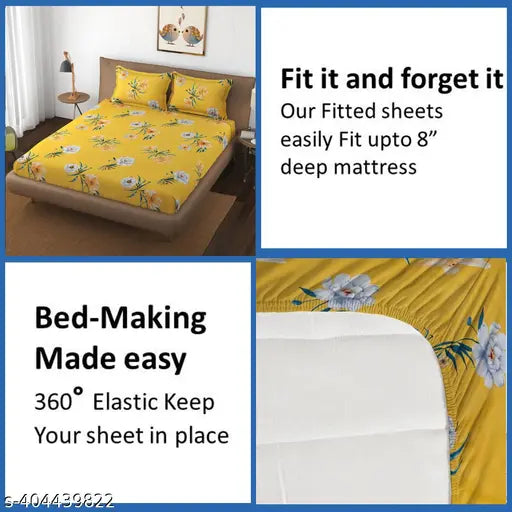Yellow microfiber double floral fitted bedsheet, HIDECOR 280 TC elastic (pack of 1), ideal for summer on a standard size mattress