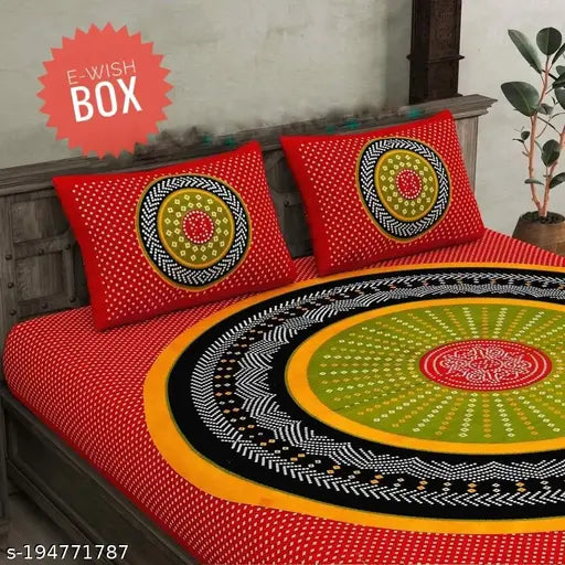 Cotton printed double/king flat sheets (170TC), geometric design, summer wedding-ready bedding set with 2 pillow covers