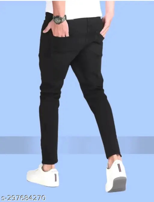 Black cotton blend flaying men knee-slit jeans, stylish and fashionable apparel for women