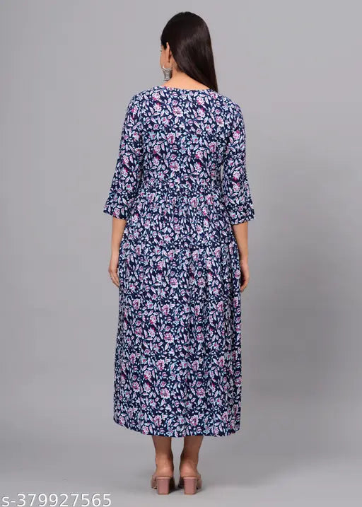 Black high-demand rayon anarkali kameez with floral print, long sleeves