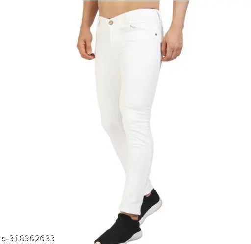 White polycotton designer jeans, slim fit with solid white color and comfortable for all-time wear. Size 28, 30, 32 from India