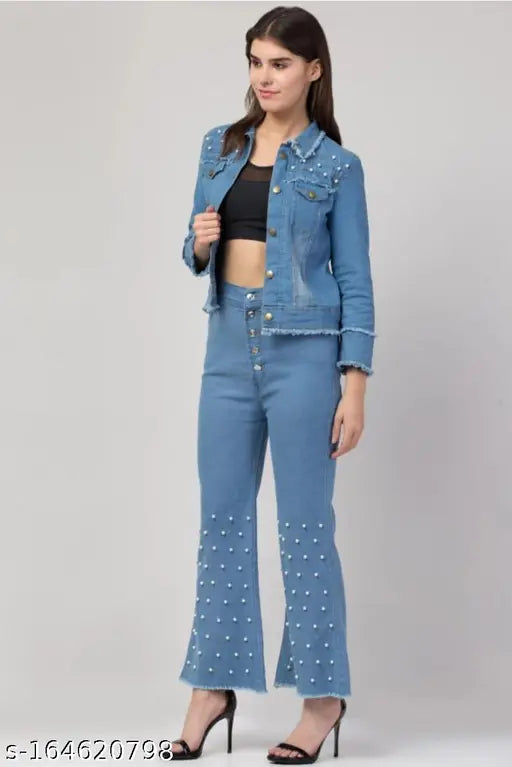 Denim women's jacket with jeans, solid pattern, long sleeves, sizes S-L, made in India