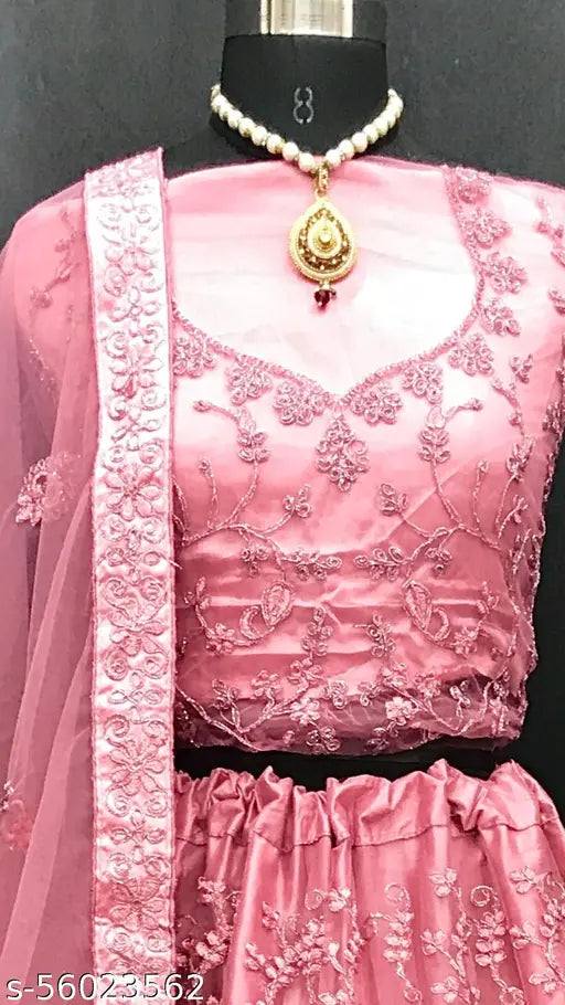 Pink Zari embroidered net lehenga-choli set with dupatta, perfect for women and girls for various occasions