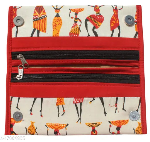 Handcrafted Warli print women's wallet and clutch purse, two compartments, red accents, gold zipper