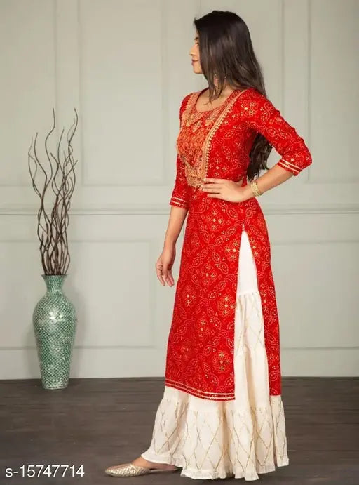 Women's long rayon embroidered kurti and palazzos set