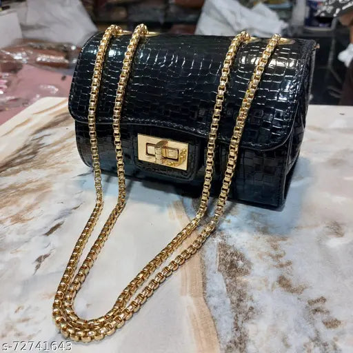Black crocodile embossed leather shiny sling bag with gold chain