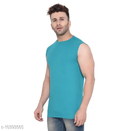 Teal cotton blend sleeveless round t-shirt from Tfurnish, perfect for this season. High-quality, comfortable, 100% pure combed cotton, made in India