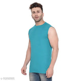 Teal cotton blend sleeveless round t-shirt from Tfurnish, perfect for this season. High-quality, comfortable, 100% pure combed cotton, made in India