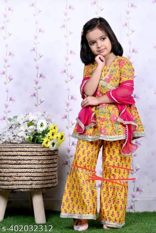 Cotton A-line KurtiSharara set & printed dupatta for kids aged 9-10, featuring heavy gota detailing and brooch. Indian craftsmanship