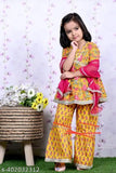 Cotton A-line KurtiSharara set & printed dupatta for kids aged 9-10, featuring heavy gota detailing and brooch. Indian craftsmanship