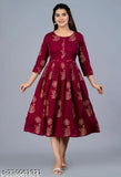 Stylish rayon long gold print kurti with three-quarter sleeves and embroidered pattern, Indian ethnic women's fashion