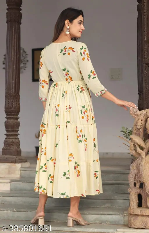 Rayon Baisa printed anarkali kurti with three-quarter sleeves, vibrant floral embroidery, M, L, XL, XXL sizes