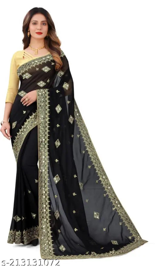 Black traditional Indian saree, lace borders and pallu