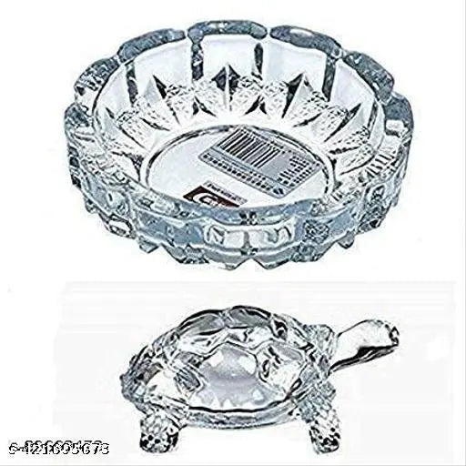 Glass crystal turtle tortoise figurine with plate, 12cm diameter, for Feng Shui & Vastu decorative showpiece, office decoration (India)