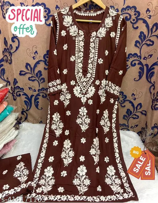 Embroidered rayon Chickankari kurta and palazzos set, vibrant Indian traditional attire for women