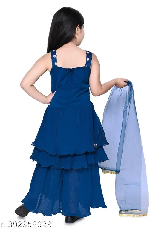 Blue embellished chiffon sharara set for girls, Indian ethnic top & palazzo dress for 9-12 months to 3-4 years